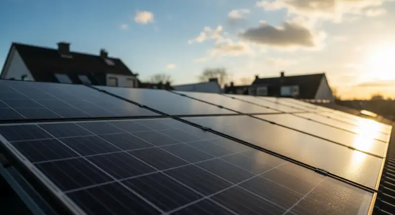 Close-up of photovoltaic solar panels installed on a traditional German Satteldach (gabled roof), blue sky with some clouds