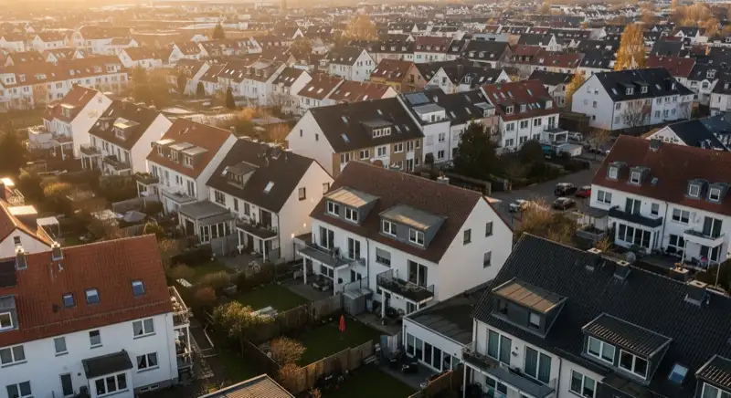 Aerial drone view of typical German residential neighborhood with mixed roof types, red and dark roof tiles, gardens visible, sunny day