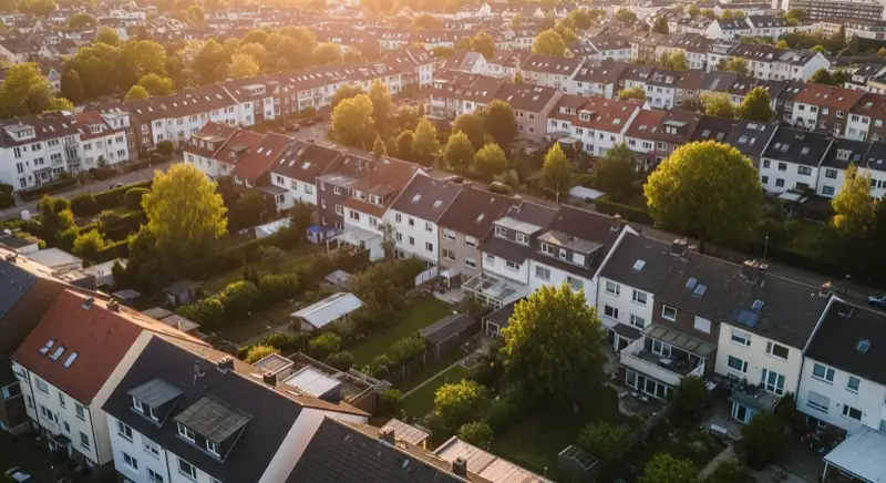 Aerial drone view of typical German residential neighborhood with mixed roof types, red and dark roof tiles, gardens visible, sunny day