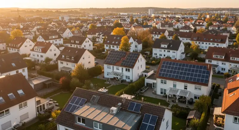 Aerial drone view of typical German residential neighborhood with mixed roof types, red and dark roof tiles, gardens visible, sunny day