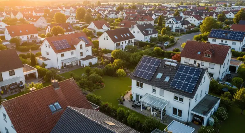 Aerial drone view of typical German residential neighborhood with mixed roof types, red and dark roof tiles, gardens visible, sunny day