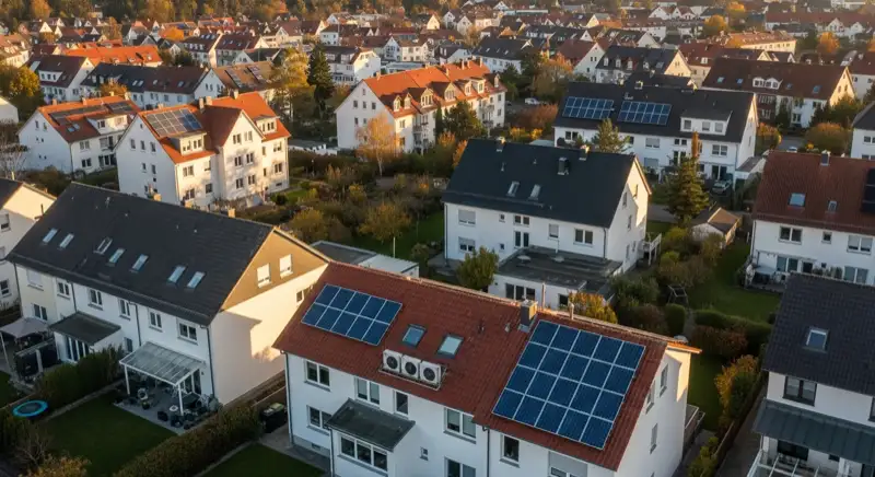 Aerial drone view of typical German residential neighborhood with mixed roof types, red and dark roof tiles, gardens visible, sunny day