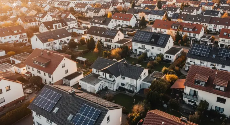 Aerial drone view of typical German residential neighborhood with mixed roof types, red and dark roof tiles, gardens visible, sunny day