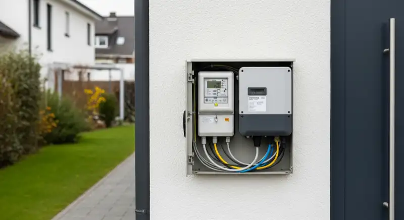 Modern German electrical meter cabinet (Zählerschrank) with smart meter and solar inverter connection, clean technical installation
