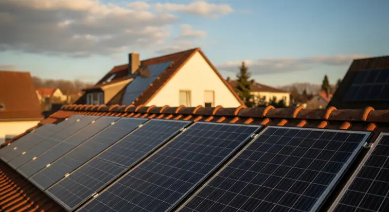 Close-up of photovoltaic solar panels installed on a traditional German Satteldach (gabled roof), blue sky with some clouds