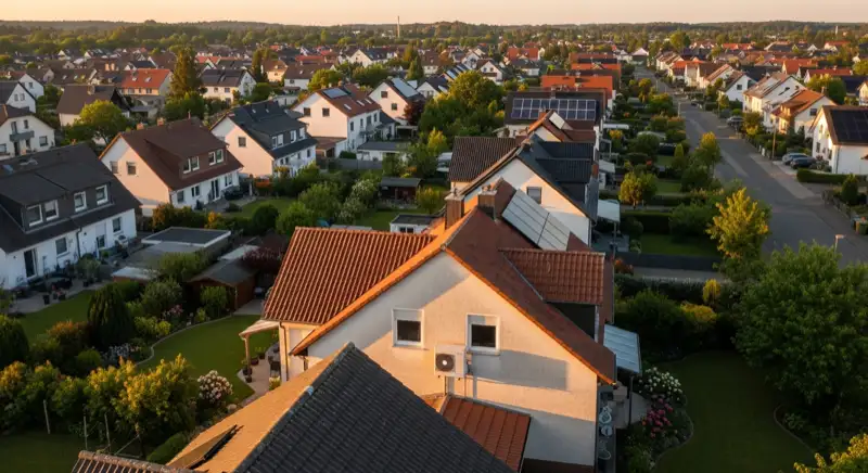 Aerial drone view of typical German residential neighborhood with mixed roof types, red and dark roof tiles, gardens visible, sunny day