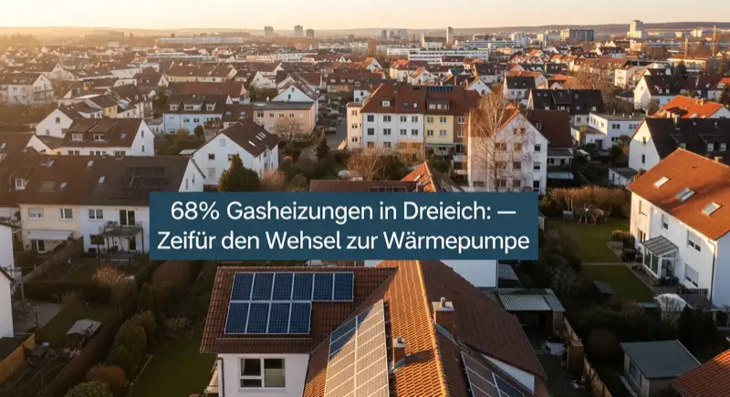Aerial drone view of typical German residential neighborhood with mixed roof types, red and dark roof tiles, gardens visible, sunny day