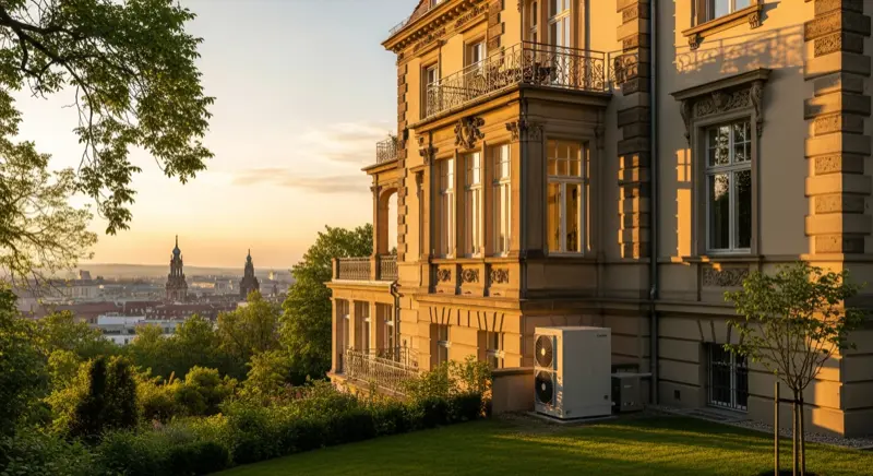 Villa mit Wärmepumpe im Garten am Dresdner Elbhang mit Blick auf die Stadt