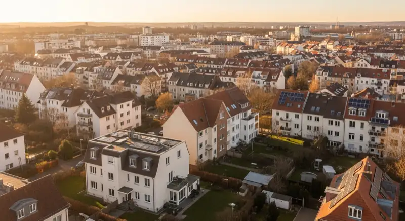 Aerial drone view of typical German residential neighborhood with mixed roof types, red and dark roof tiles, gardens visible, sunny day