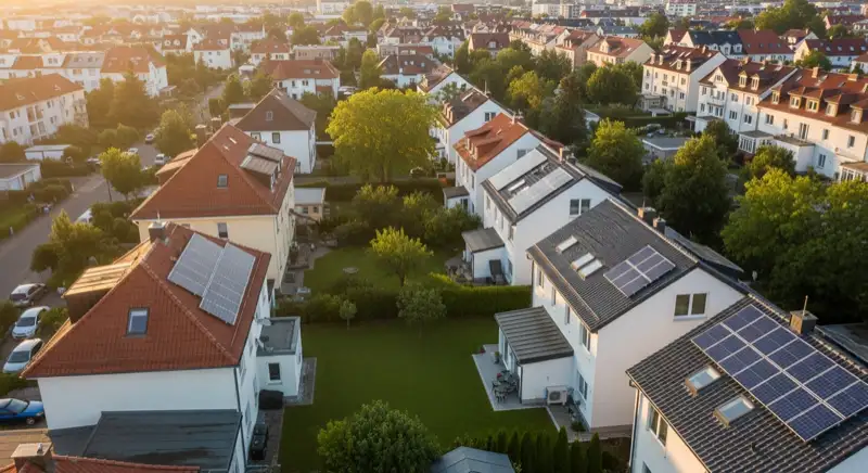 Aerial drone view of typical German residential neighborhood with mixed roof types, red and dark roof tiles, gardens visible, sunny day