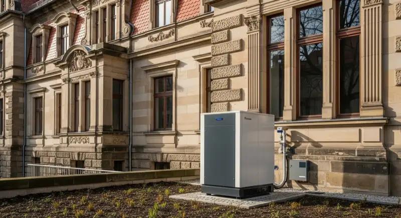 Wärmepumpen-Außengerät vor typischem Dresdner Gründerzeithaus mit Sandsteinfassade