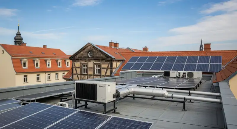 Wärmepumpen-Installation an einem Gründerzeit-Mehrfamilienhaus in Dresden Neustadt mit historischer Fassade