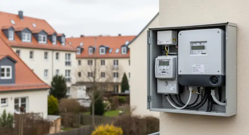Modern German electrical meter cabinet (Zählerschrank) with smart meter and solar inverter connection, clean technical installation