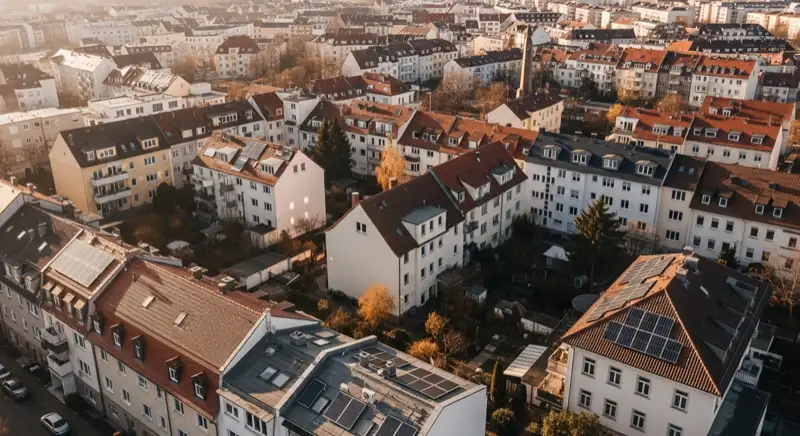 Aerial drone view of typical German residential neighborhood with mixed roof types, red and dark roof tiles, gardens visible, sunny day