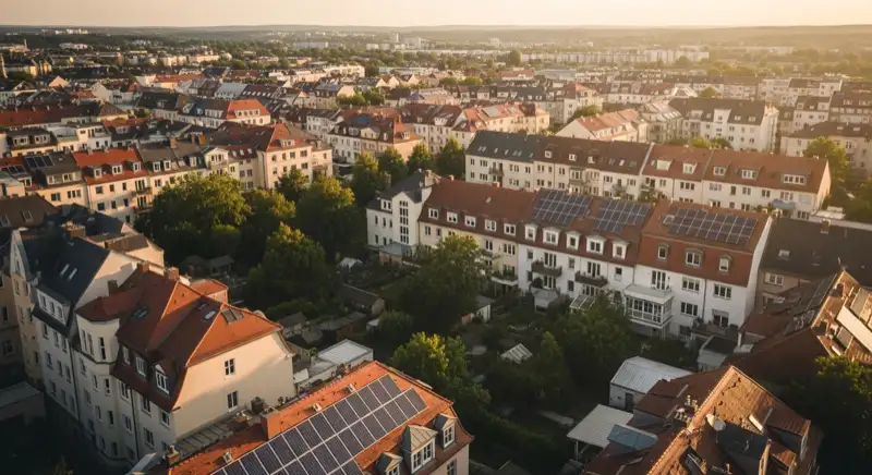 Aerial drone view of typical German residential neighborhood with mixed roof types, red and dark roof tiles, gardens visible, sunny day