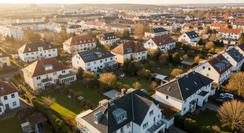 Aerial drone view of typical German residential neighborhood with mixed roof types, red and dark roof tiles, gardens visible, sunny day