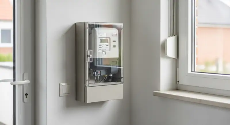 Modern German electrical meter cabinet (Zählerschrank) with smart meter and solar inverter connection, clean technical installation