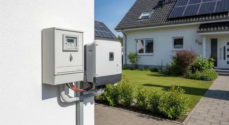 Modern German electrical meter cabinet (Zählerschrank) with smart meter and solar inverter connection, clean technical installation