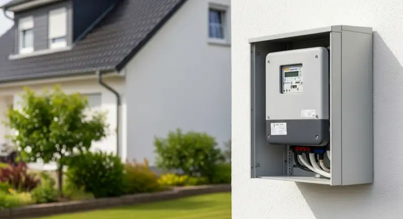 Modern German electrical meter cabinet (Zählerschrank) with smart meter and solar inverter connection, clean technical installation