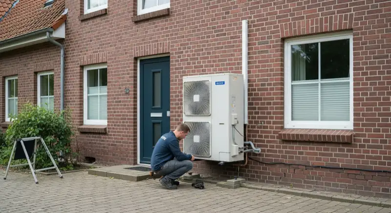 Wärmepumpen-Installateur bei der Montage einer Außeneinheit vor einem münsterländischen Backsteinhaus in Dülmen