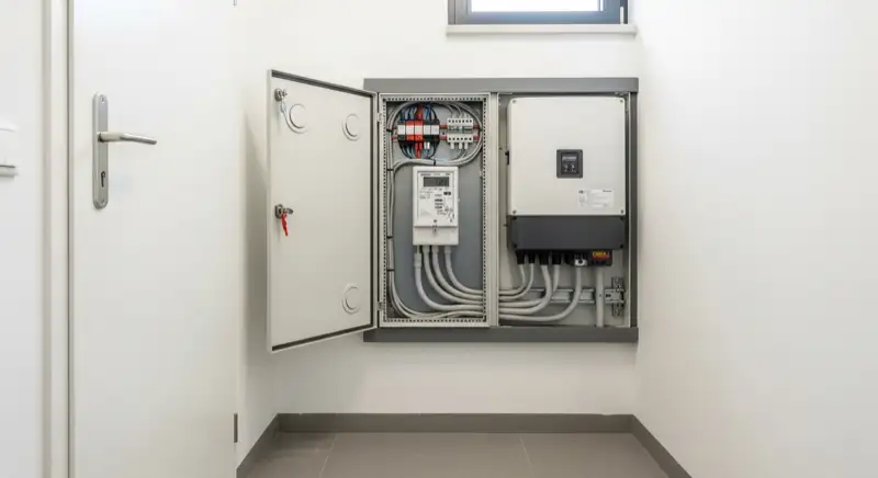 Modern German electrical meter cabinet (Zählerschrank) with smart meter and solar inverter connection, clean technical installation