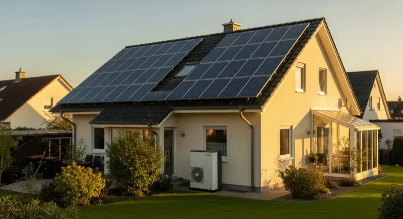 Einfamilienhaus in Dülmen mit Photovoltaikanlage auf dem Dach und Wärmepumpen-Außeneinheit im Garten