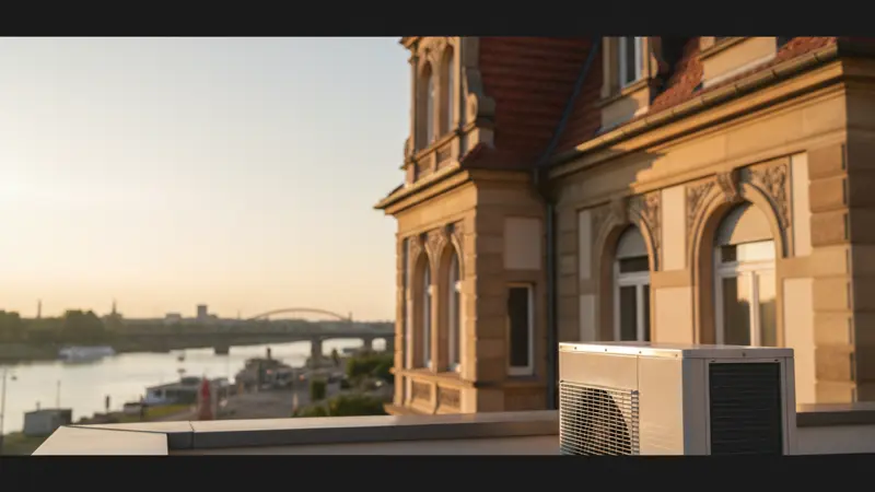 Moderne Luft-Wärmepumpe vor einem Düsseldorfer Altbau mit Blick auf das Rheinufer
