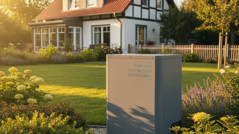 Luft-Wasser-Wärmepumpe im Garten eines Düsseldorfer Einfamilienhauses