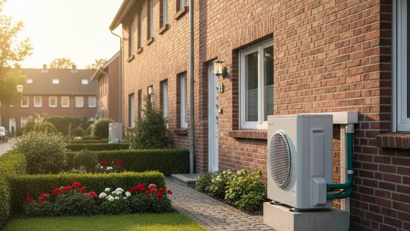 Luft-Wasser-Wärmepumpe an der Hauswand eines Düsseldorfer Reihenhauses