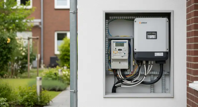 Modern German electrical meter cabinet (Zählerschrank) with smart meter and solar inverter connection, clean technical installation