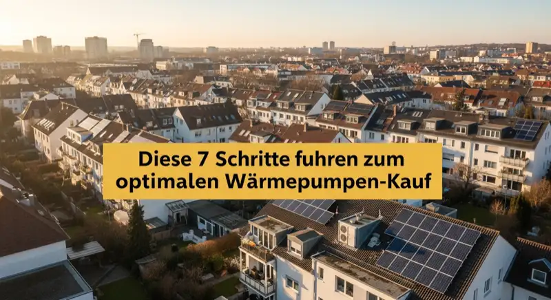Aerial drone view of typical German residential neighborhood with mixed roof types, red and dark roof tiles, gardens visible, sunny day