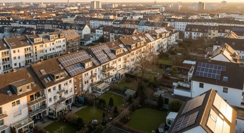 Aerial drone view of typical German residential neighborhood with mixed roof types, red and dark roof tiles, gardens visible, sunny day