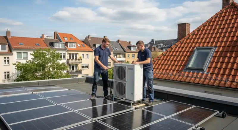 Installateur montiert Wärmepumpen-Außengerät vor typischem Düsseldorfer Stadthaus mit rotem Klinker