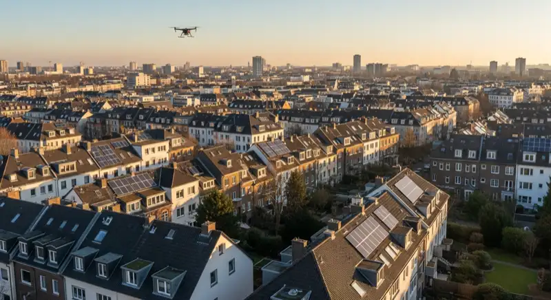 Aerial drone view of typical German residential neighborhood with mixed roof types, red and dark roof tiles, gardens visible, sunny day