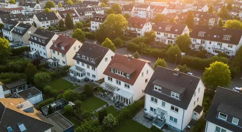 Aerial drone view of typical German residential neighborhood with mixed roof types, red and dark roof tiles, gardens visible, sunny day