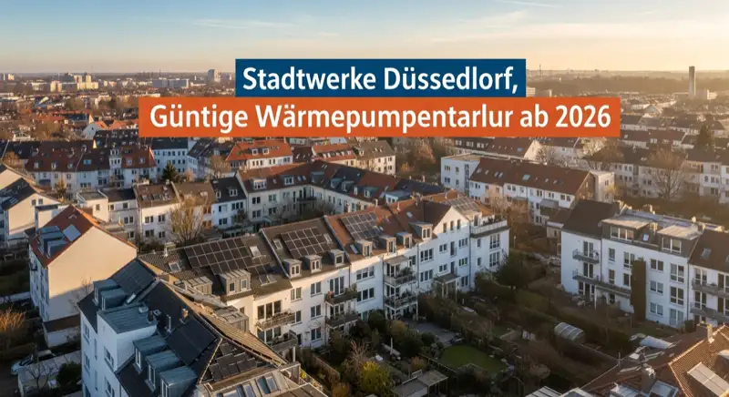 Aerial drone view of typical German residential neighborhood with mixed roof types, red and dark roof tiles, gardens visible, sunny day