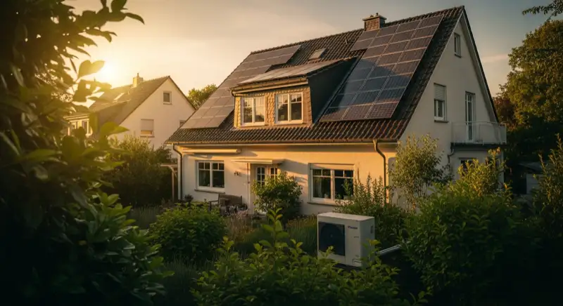 Einfamilienhaus in Düsseldorf mit Photovoltaikanlage auf dem Dach und Wärmepumpen-Außeneinheit im Garten
