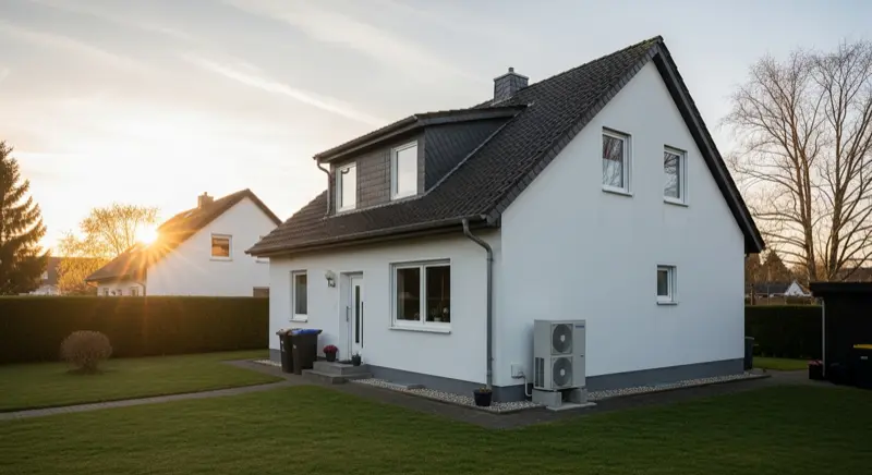 Einfamilienhaus mit Wärmepumpe im Vorgarten in einem Duisburger Wohngebiet