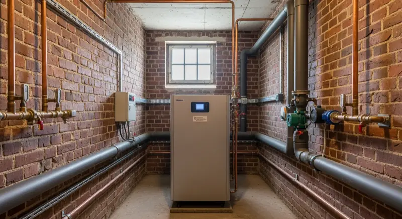 Luft-Wasser-Wärmepumpe Nahaufnahme vor einem Backsteinhaus in Duisburg