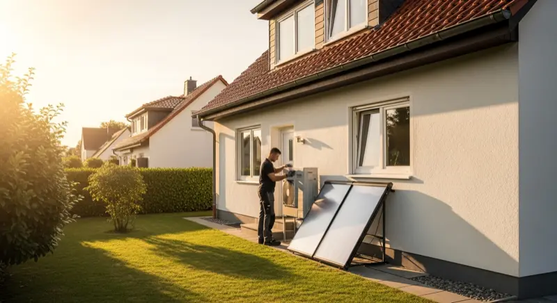 Heizungskeller mit moderner Wärmepumpe in einem Duisburger Altbau
