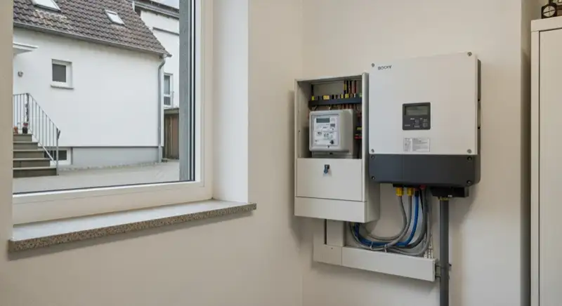 Modern German electrical meter cabinet (Zählerschrank) with smart meter and solar inverter connection, clean technical installation
