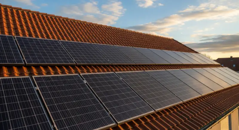 Close-up of photovoltaic solar panels installed on a traditional German Satteldach (gabled roof), blue sky with some clouds