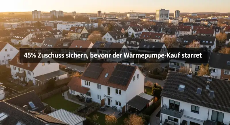 Aerial drone view of typical German residential neighborhood with mixed roof types, red and dark roof tiles, gardens visible, sunny day