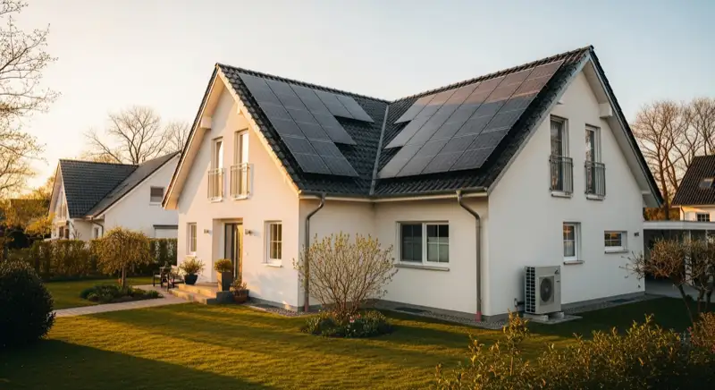 Einfamilienhaus in Eberswalde mit Photovoltaik-Dach und Wärmepumpen-Außeneinheit