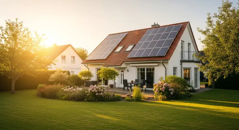 German detached house (Einfamilienhaus) with photovoltaic panels on pitched roof, well-maintained garden, warm afternoon sunlight