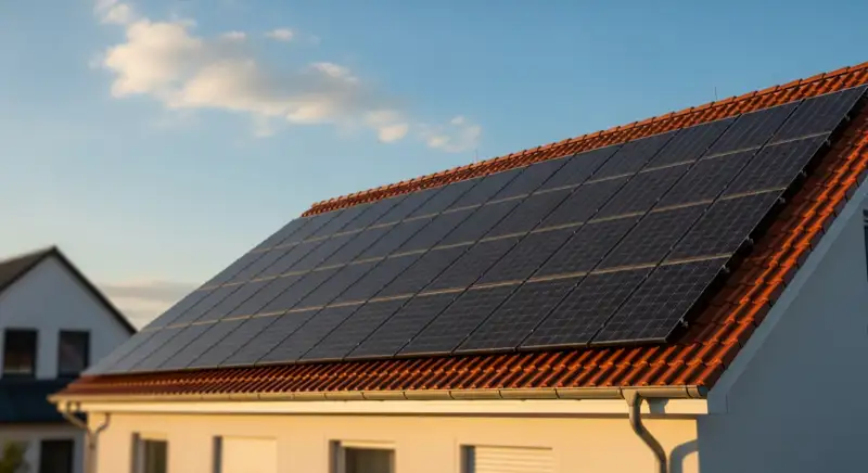 Close-up of photovoltaic solar panels installed on a traditional German Satteldach (gabled roof), blue sky with some clouds