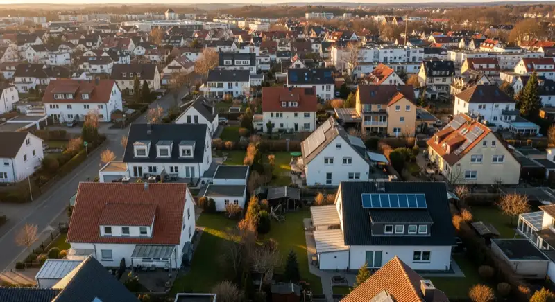 Aerial drone view of typical German residential neighborhood with mixed roof types, red and dark roof tiles, gardens visible, sunny day
