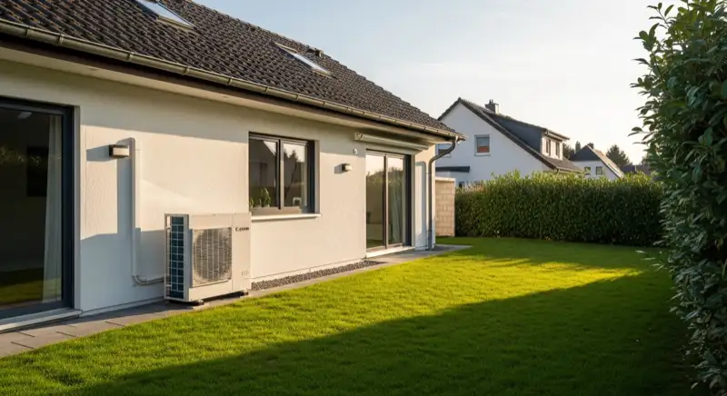 Wärmepumpen-Außeneinheit vor typischem Elmshorner Einfamilienhaus mit gepflegtem Garten