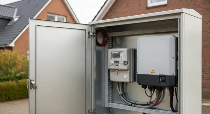 Modern German electrical meter cabinet (Zählerschrank) with smart meter and solar inverter connection, clean technical installation