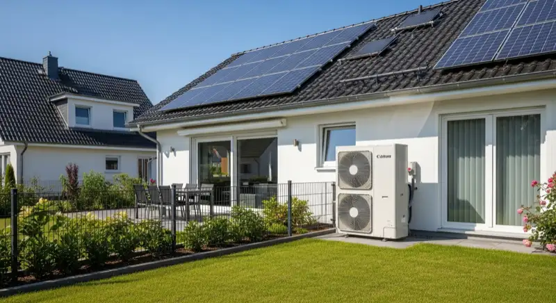 Einfamilienhaus in Elmshorn mit Wärmepumpe im Vorgarten und PV-Modulen auf dem Dach